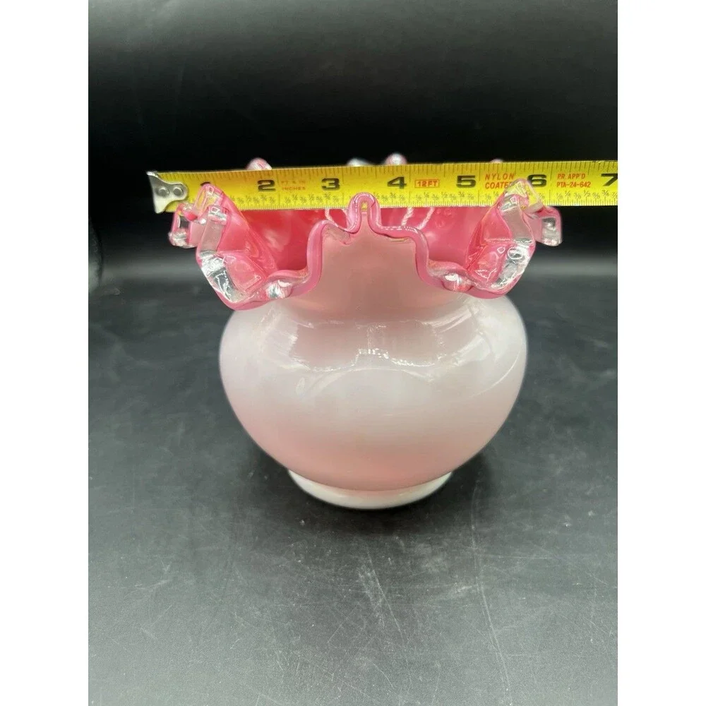 Vintage Fenton Peach Crest White Cased Rose Bowl Vase Pink Interior Ruffled Rim